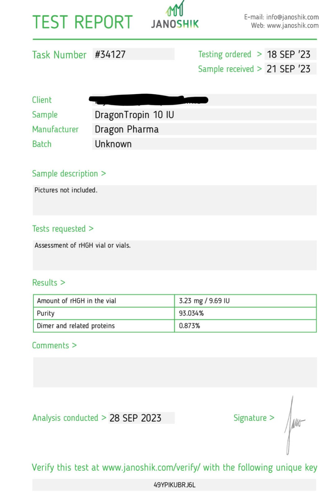 dragontropin lab test result