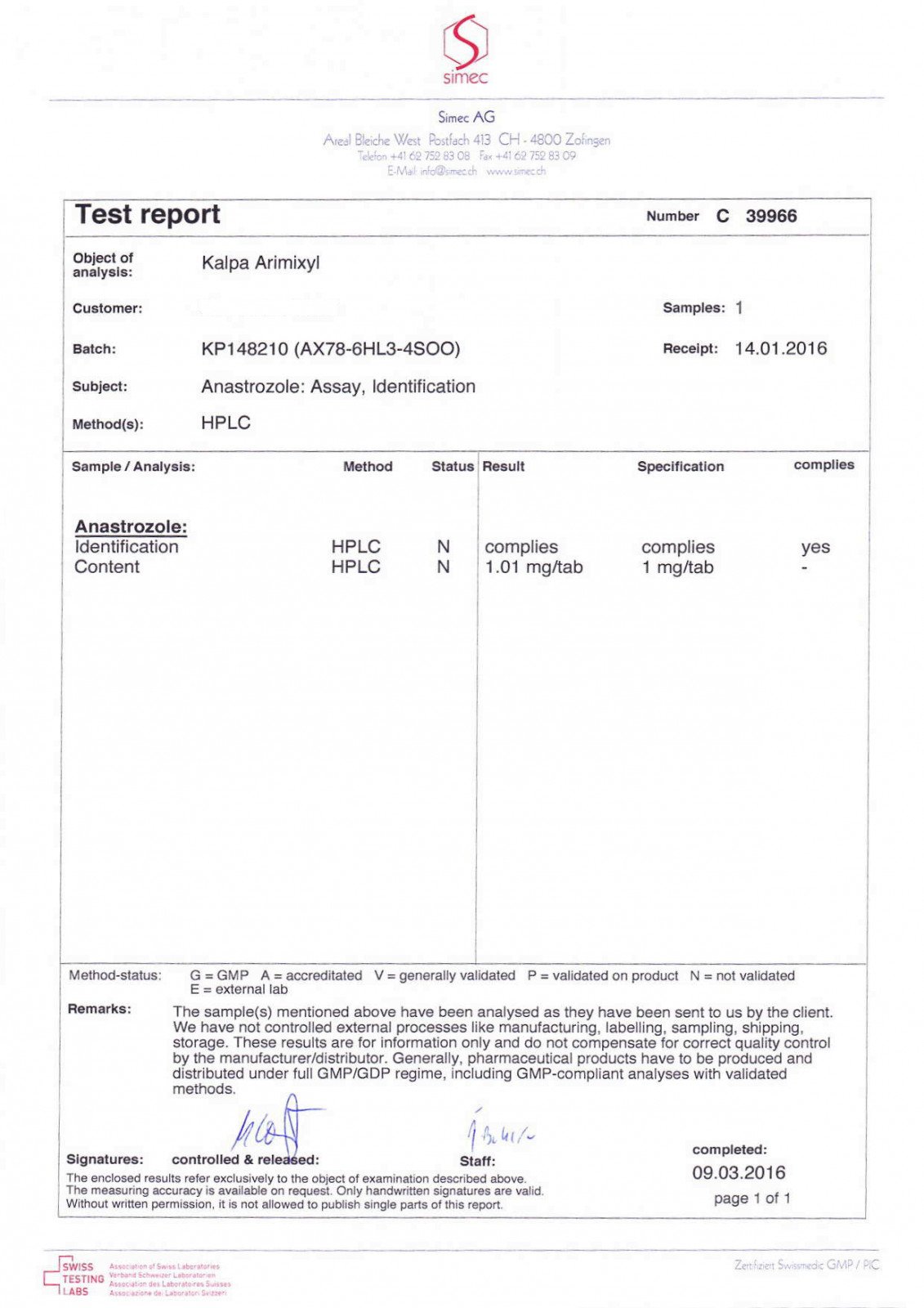 arimixyl lab test result