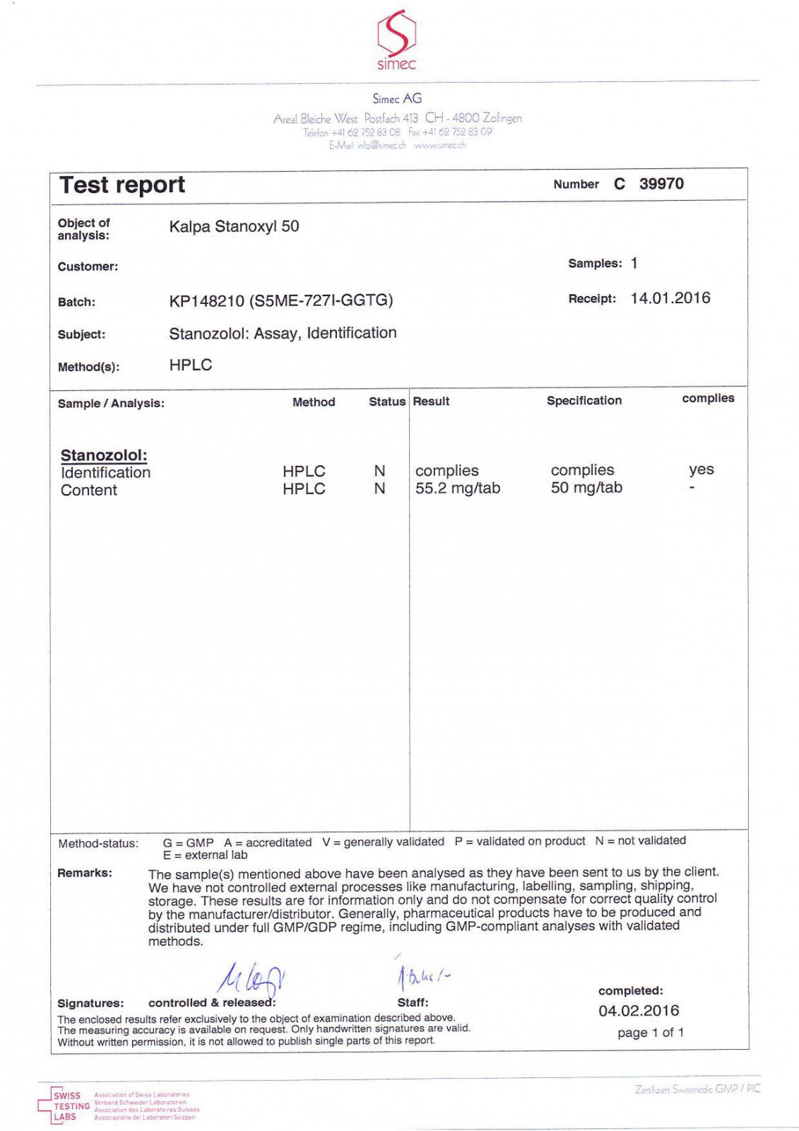 stanoxyl 50 lab test result