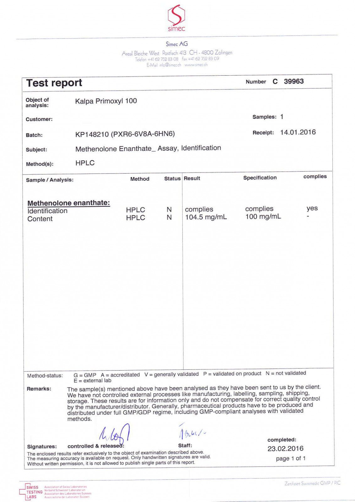 primoxyl 100 lab test result