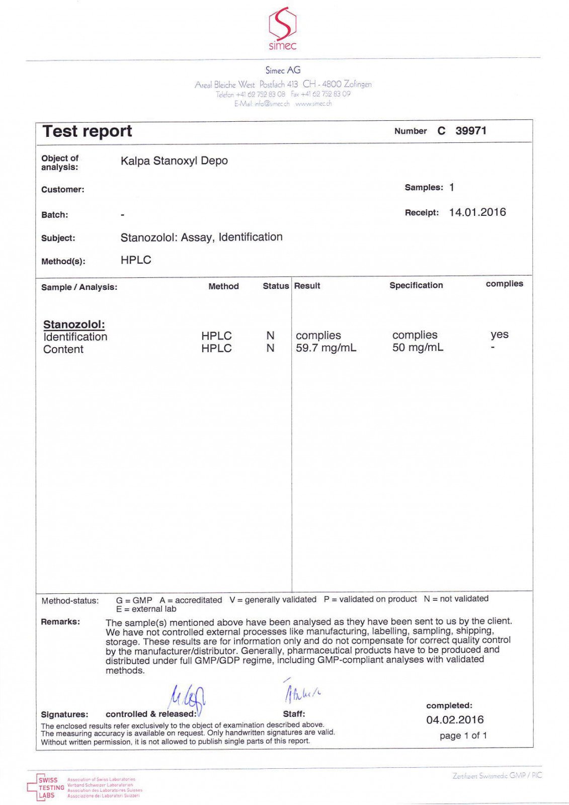 stanoxyl depot lab test result