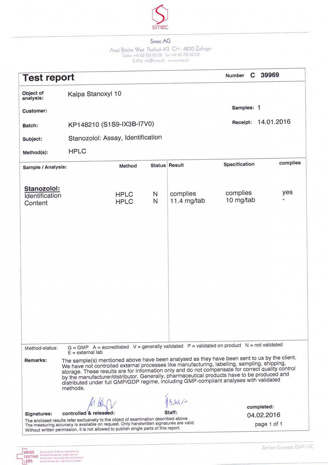 stanoxyl 10 lab test result
