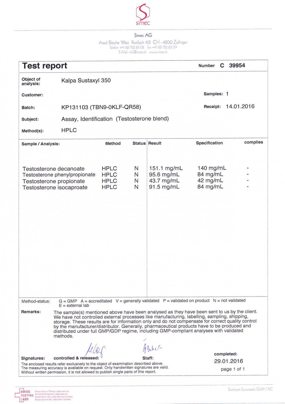 sustaxyl lab test result