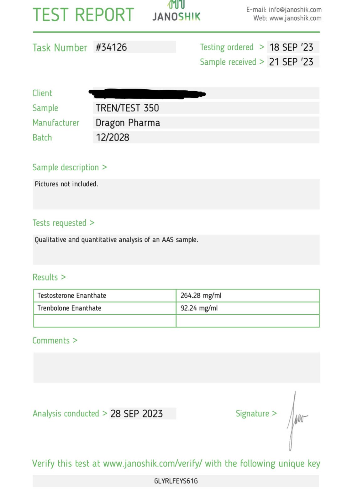 tren/test 350 lab test report